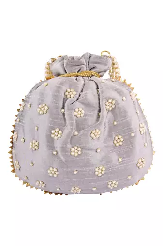 Grey Art Silk Pearl Work Potli Bag