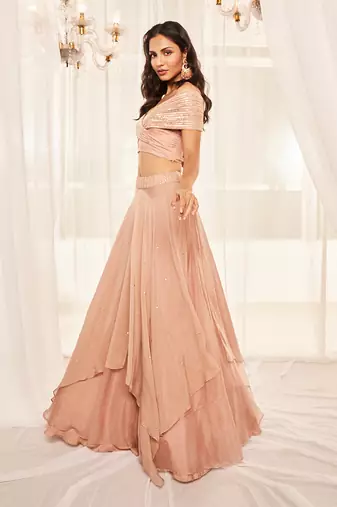 Blush Pink Asymmetric Layered Lehenga Set