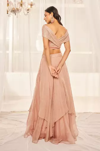 Blush Pink Asymmetric Layered Lehenga Set