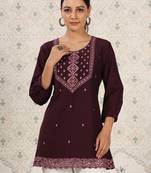 Casual Looking Magenta Colour Resham Embroidered Chinon Short Kurti