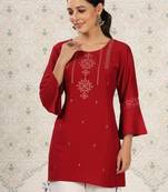 Casual Looking Red Colour Resham Embroidered Chinon Short Kurti