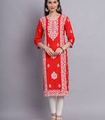 Lukhnowi Work Orange Colour Rayon Fabric Office Kurti