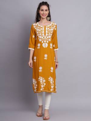 Mustard Colour Ethnic Lukhnowi Work Designer Partywear Kurti 1