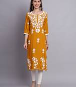 Mustard Colour Ethnic Lukhnowi Work Designer Partywear Kurti