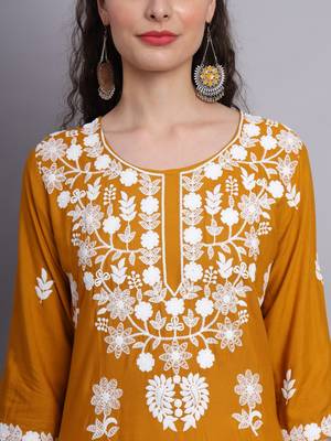 Mustard Colour Ethnic Lukhnowi Work Designer Partywear Kurti 3