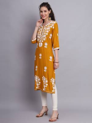 Mustard Colour Ethnic Lukhnowi Work Designer Partywear Kurti 4