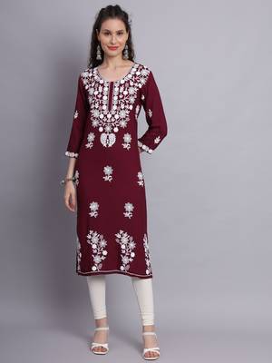 Wine Colour Ethnic Lukhnowi Work Designer Partywear Kurti 1