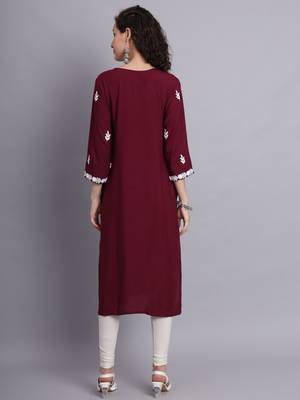 Wine Colour Ethnic Lukhnowi Work Designer Partywear Kurti 2
