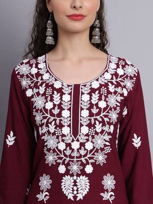 Wine Colour Ethnic Lukhnowi Work Designer Partywear Kurti 3