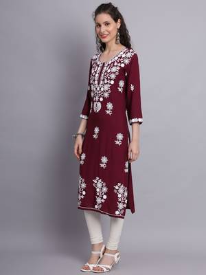 Wine Colour Ethnic Lukhnowi Work Designer Partywear Kurti 4