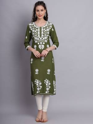 Mahendi Colour Ethnic Lukhnowi Work Designer Partywear Kurti 1