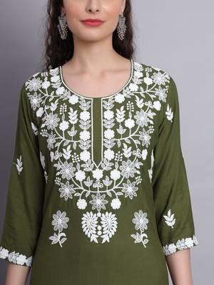 Mahendi Colour Ethnic Lukhnowi Work Designer Partywear Kurti 3