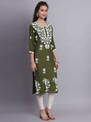 Mahendi Colour Ethnic Lukhnowi Work Designer Partywear Kurti 4