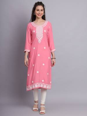 Pink Colour Designer Resham Work Partywear Kurti 1