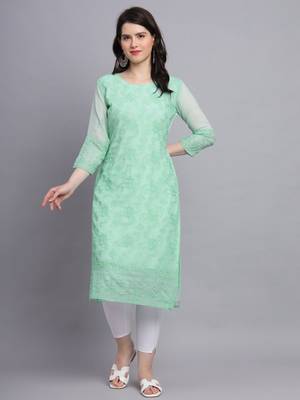 Sea Green Colour Beautiful Resham Embroidered Ethnic Kurti For Party Looks 1