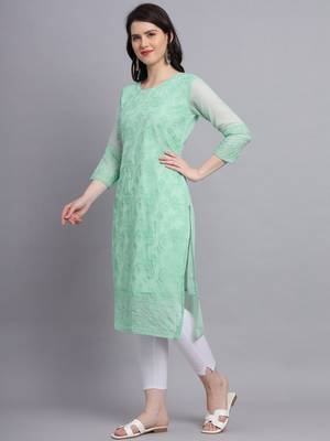 Sea Green Colour Beautiful Resham Embroidered Ethnic Kurti For Party Looks 2