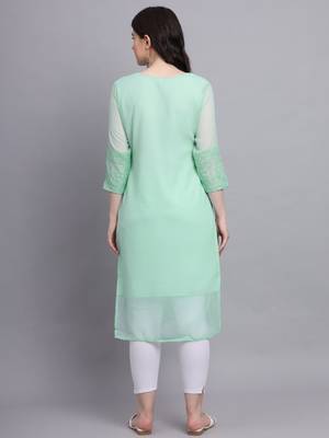Sea Green Colour Beautiful Resham Embroidered Ethnic Kurti For Party Looks 3