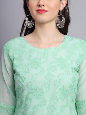 Sea Green Colour Beautiful Resham Embroidered Ethnic Kurti For Party Looks 4