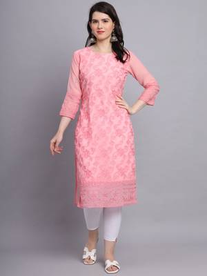 Pink Colour Beautiful Resham Embroidered Ethnic Kurti For Party Looks 1
