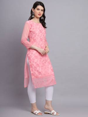 Pink Colour Beautiful Resham Embroidered Ethnic Kurti For Party Looks 2