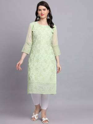 Pista Colour Beautiful Resham Embroidered Ethnic Kurti For Party Looks 1