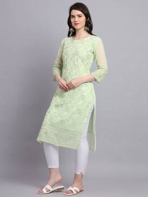 Pista Colour Beautiful Resham Embroidered Ethnic Kurti For Party Looks 2