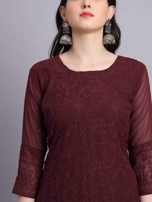 Maroon Colour Beautiful Resham Embroidered Ethnic Kurti For Party Looks 4