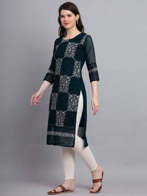Teal Blue Colour Ethnic Traditional Kurti With Beautiful Chikankari Work 4