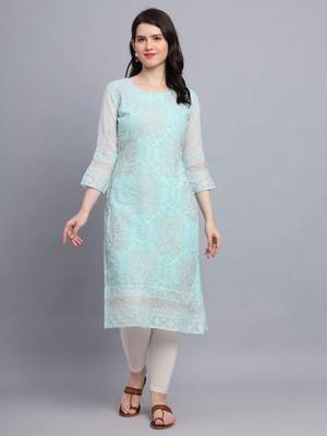 Sea Green Colour Ethnic Traditional Kurti With Beautiful Chikankari Work 1