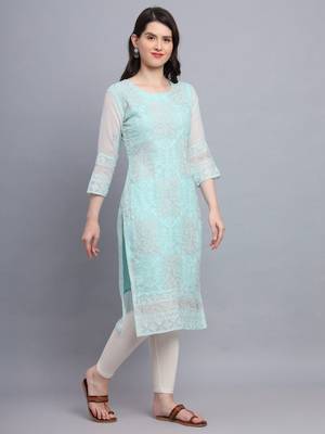 Sea Green Colour Ethnic Traditional Kurti With Beautiful Chikankari Work 4