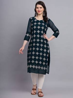 Beautiful Teal Blue Colour Chikankari Work Ethnic Partywear Kurti 1
