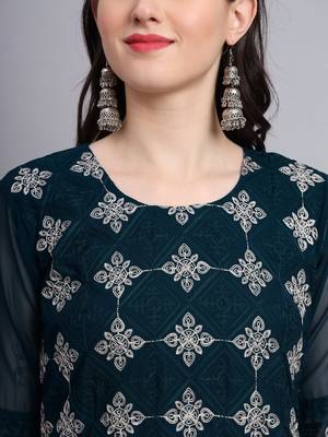 Beautiful Teal Blue Colour Chikankari Work Ethnic Partywear Kurti 3