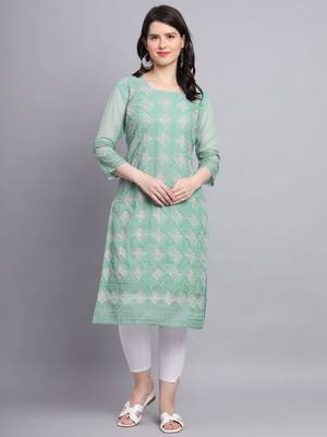 Beautiful Sea Green Colour Chikankari Work Ethnic Partywear Kurti 1