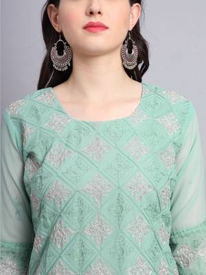 Beautiful Sea Green Colour Chikankari Work Ethnic Partywear Kurti 3