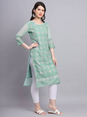 Beautiful Sea Green Colour Chikankari Work Ethnic Partywear Kurti 4