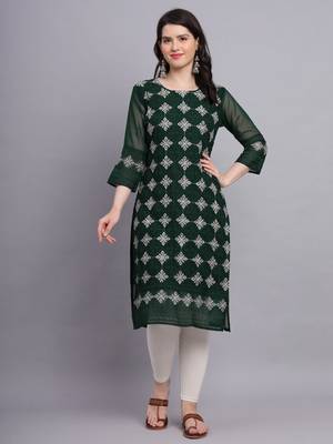 Beautiful Green Colour Chikankari Work Ethnic Partywear Kurti 1