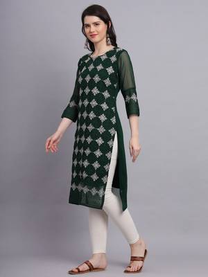 Beautiful Green Colour Chikankari Work Ethnic Partywear Kurti 4