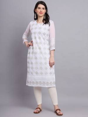 Beautiful White Colour Chikankari Work Ethnic Partywear Kurti 1