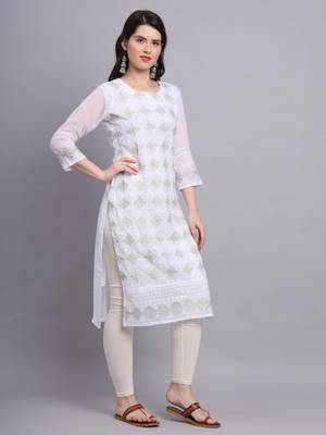 Beautiful White Colour Chikankari Work Ethnic Partywear Kurti 4