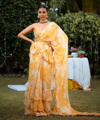 Amber Yellow Printed Georgette Hand Embroidered Ruffle Saree Set 1