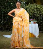 Amber Yellow Printed Georgette Hand Embroidered Ruffle Saree Set