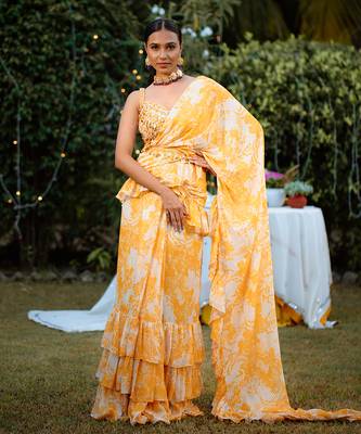 Amber Yellow Printed Georgette Hand Embroidered Ruffle Saree Set 2