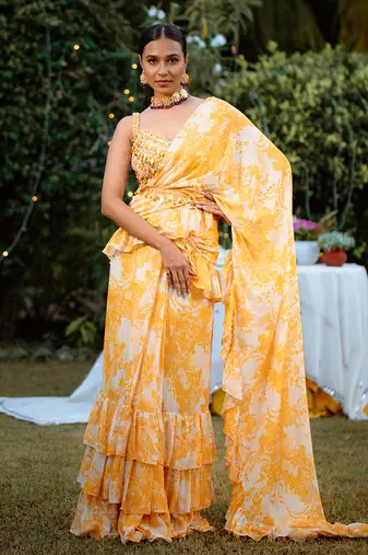 Amber Yellow Printed Georgette Hand Embroidered Ruffle Saree Set