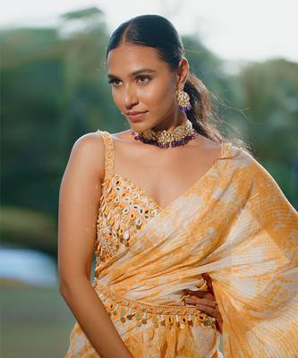 Amber Yellow Printed Georgette Hand Embroidered Ruffle Saree Set 3