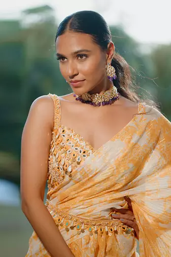 Amber Yellow Printed Georgette Hand Embroidered Ruffle Saree Set