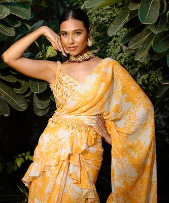 Amber Yellow Printed Georgette Hand Embroidered Ruffle Saree Set 4