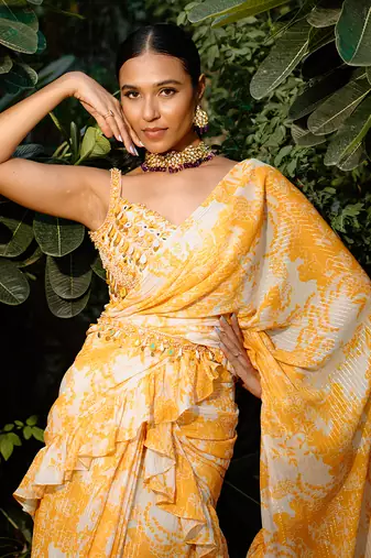 Amber Yellow Printed Georgette Hand Embroidered Ruffle Saree Set