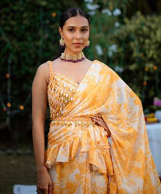 Amber Yellow Printed Georgette Hand Embroidered Ruffle Saree Set 5