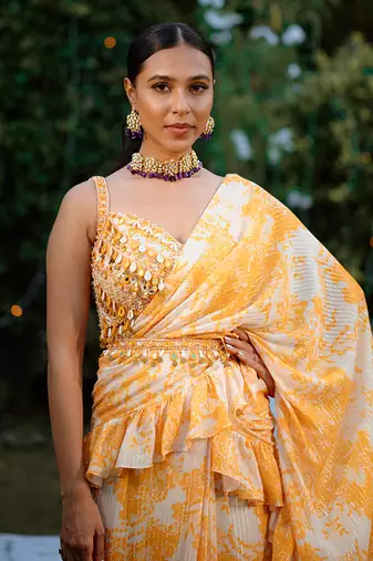 Amber Yellow Printed Georgette Hand Embroidered Ruffle Saree Set
