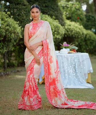 Red Printed Georgette Hand Embroidered Saree Set 1